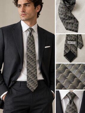 Men 100% Silk Tie Grey Geometric Wave Pattern Designer Necktie PIerre Cardin